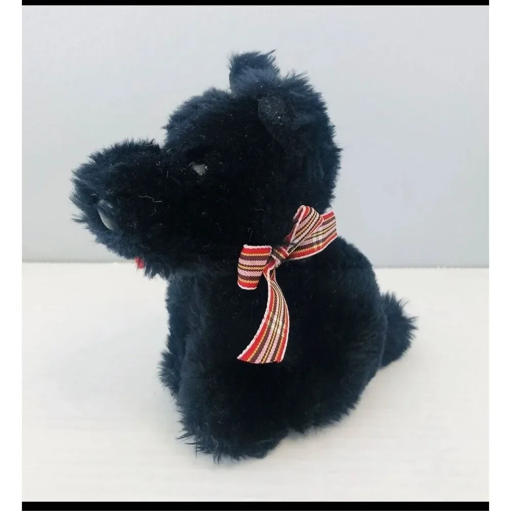 Vtg plush‎ black Scotty dog with plaid bow 5.5 inch greyhound specialty Korea